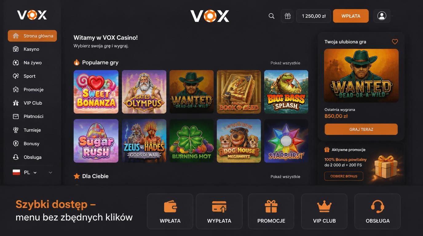 Interfejs z szybkim dostępem do ulubionych funkcji Vox Casino