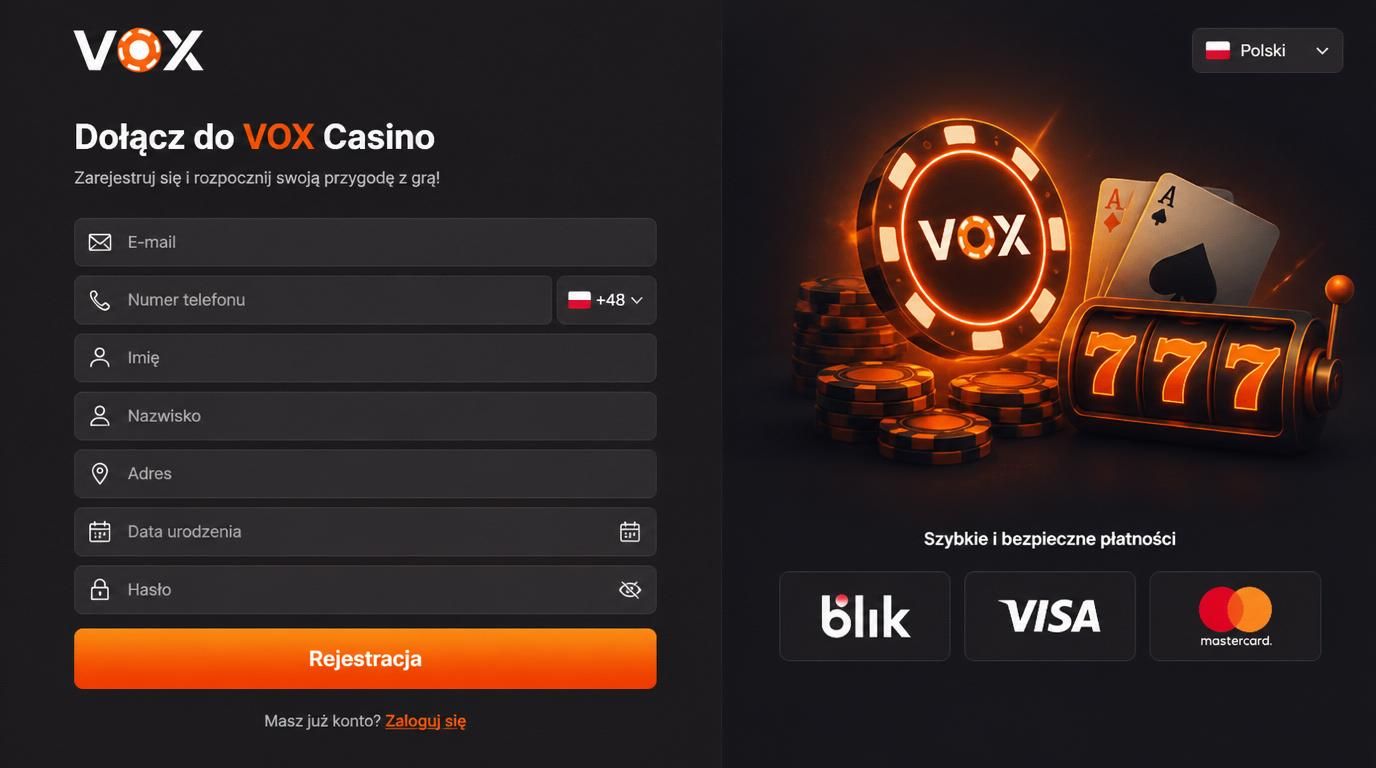 Formularz rejestracyjny Vox Casino z Polski, flaga Polski, metody płatności