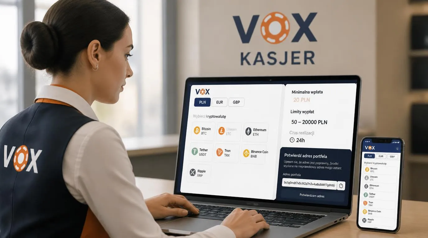 Panel kasy z wyborem PLN, EUR i GBP, listą kryptowalut oraz limitami wpłat i wypłat