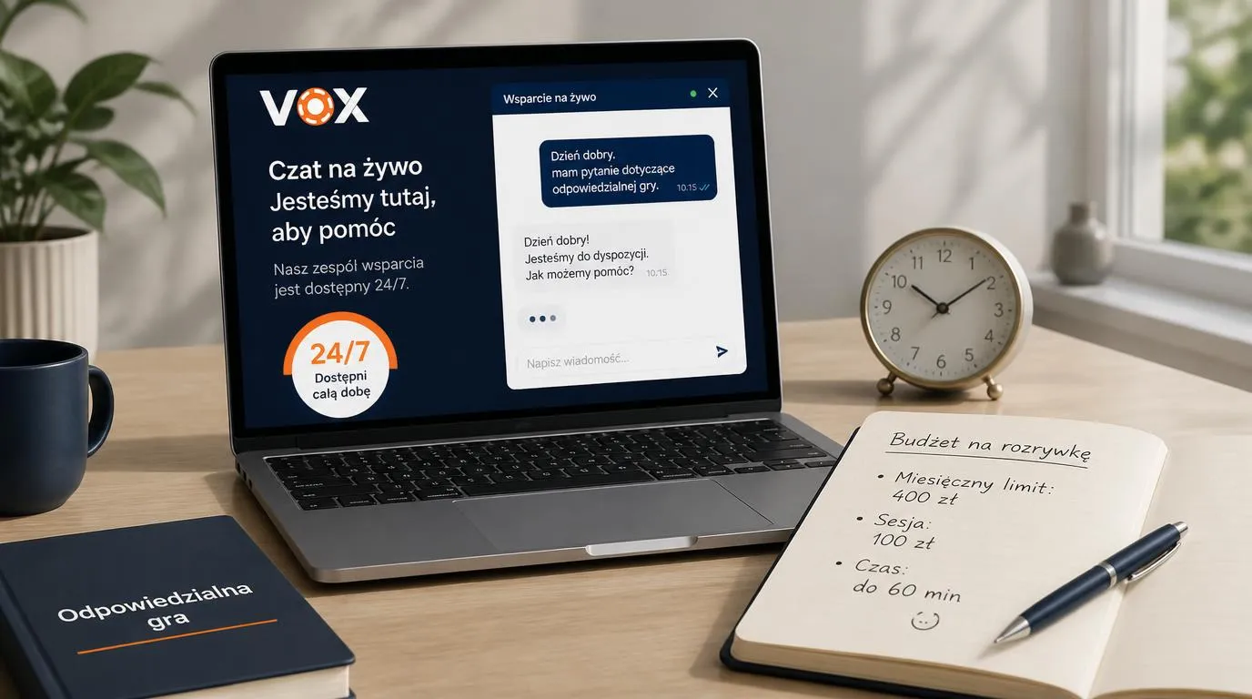 Panel czatu na żywo z oznaczeniem dostępności 24/7 obok zegara i notesu z budżetem na rozrywkę