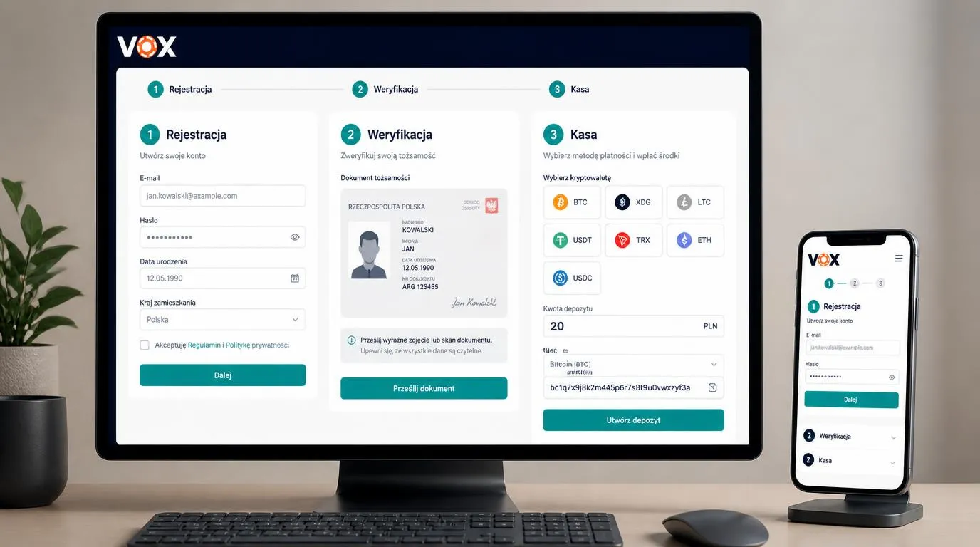 Panel rejestracji, weryfikacji tożsamości i kasy z wyborem kryptowaluty oraz depozytem 20 PLN